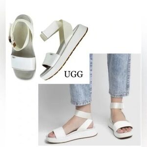 Ugg Lennox textile patent leather strappy white mid platform wedge sandals